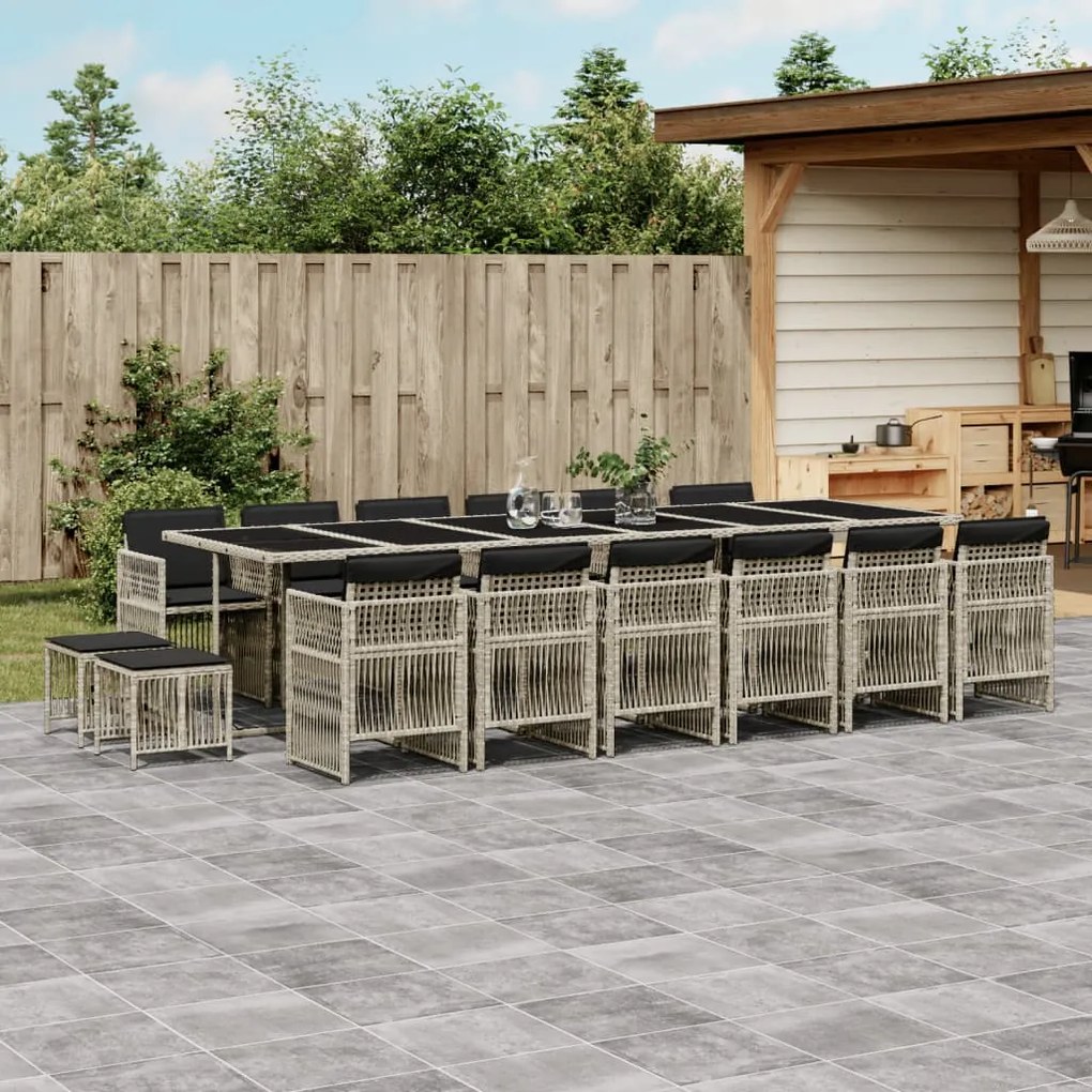 vidaXL 17 pcs conj. jantar jardim c/ almofadões vime PE cinzento-claro
