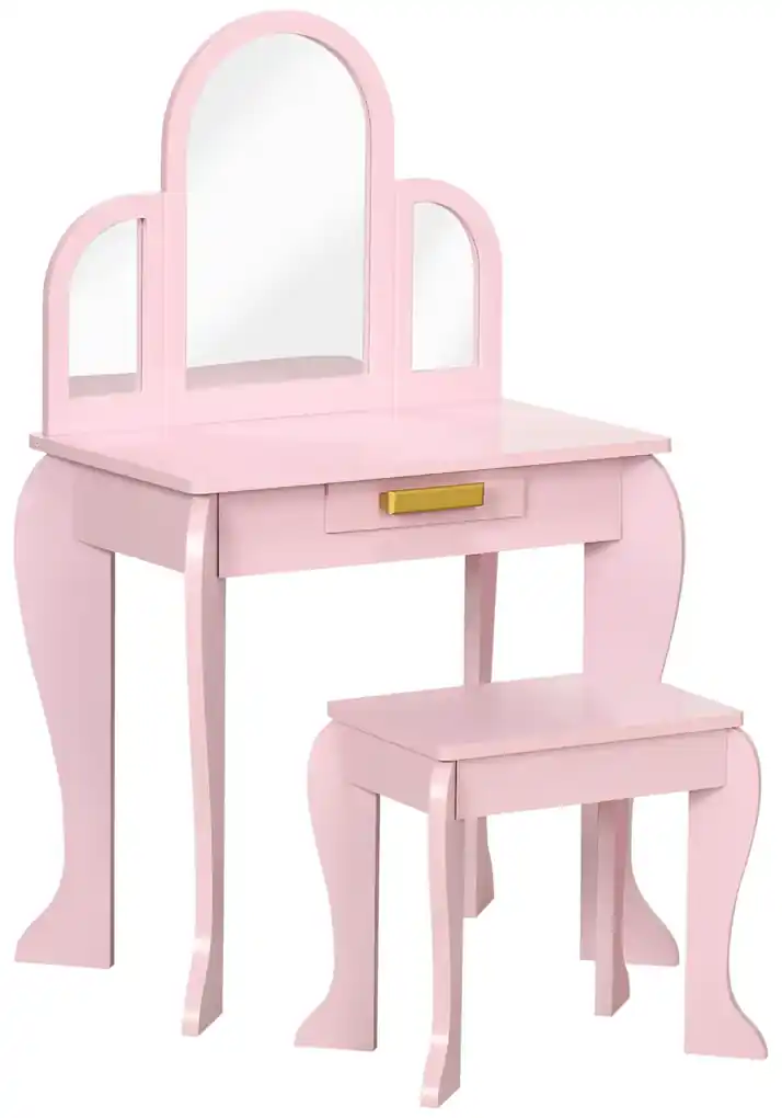 Conjunto de Toucador e banco para crianças Mesa de Maquilhagem Princesa  para Meninas com Espelho Rotativo 360° Removível 3 Gavetas Rosa e Branco