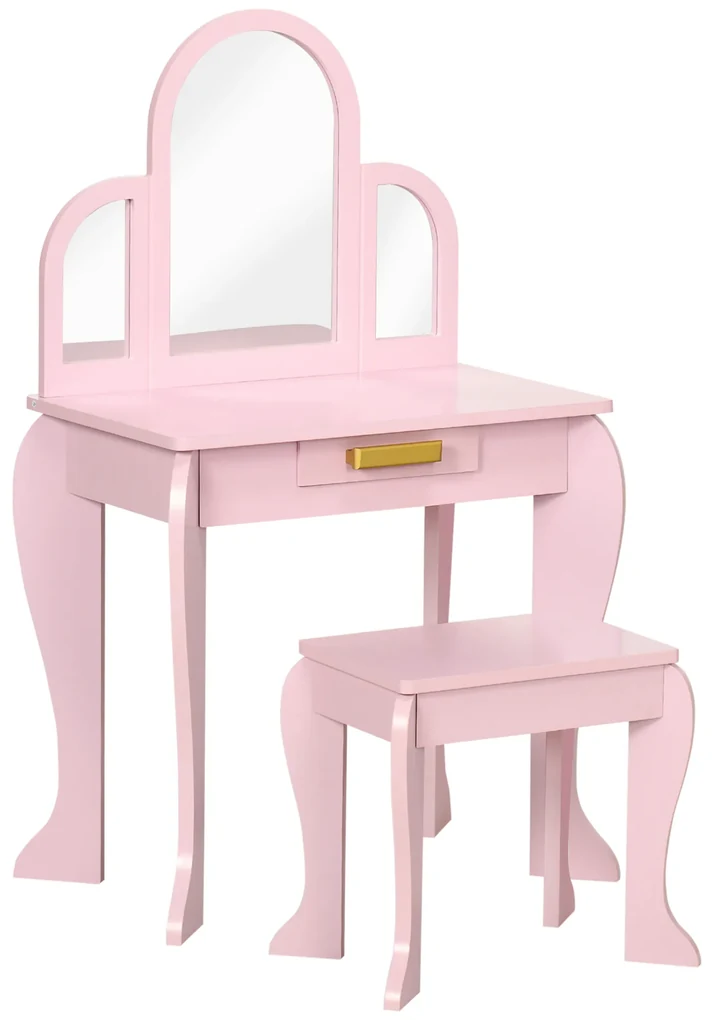 Conjunto Toucador e Banco infantil Mesa de Maquilhagem para Princesas com  Espelho Rotativo 360° Removível 3 Gavetas Branco e Rosa