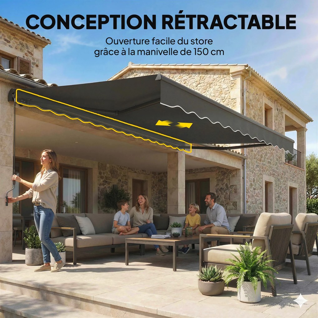 Toldo manual 3,5 x 3 m, cobertura retrátil com inclinação ajustável, manivela, proteção UV e resistente à água, cinzento