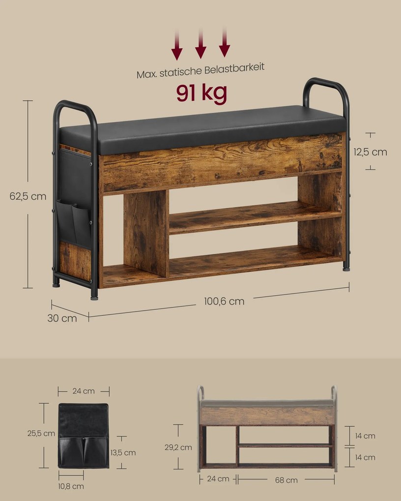 Banco para sapatos com assento e pegas de transporte 100,6 cm de largura vintage castanho