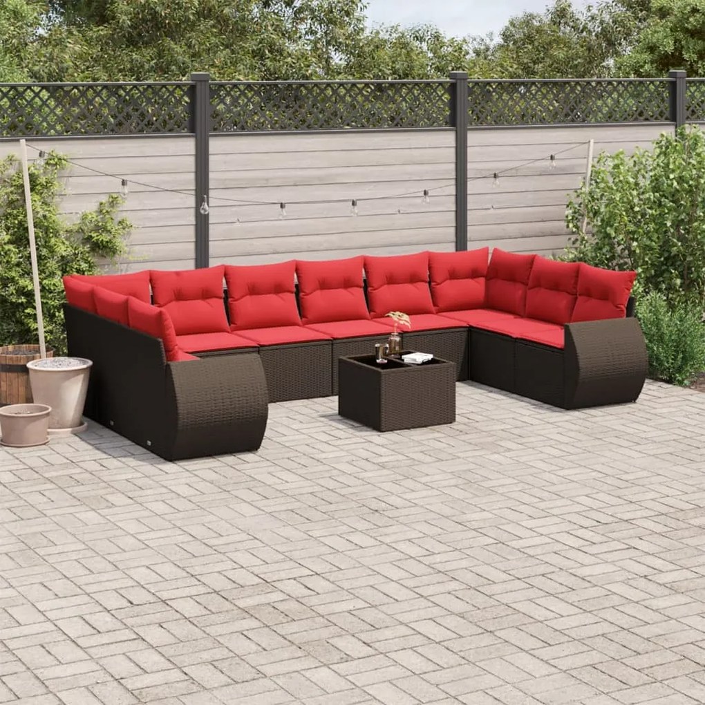 vidaXL 11 pcs conjunto sofás de jardim c/ almofadões vime PE castanho