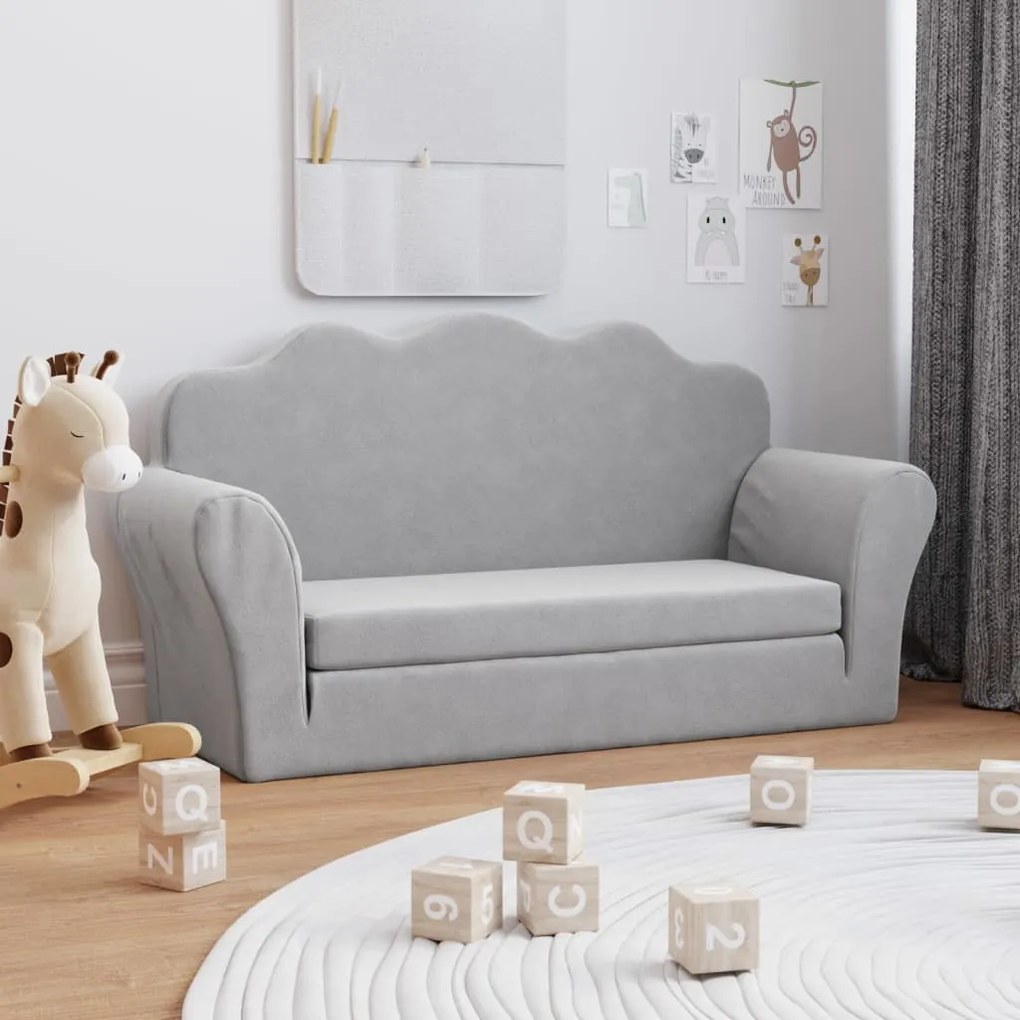 341876 vidaXL Sofá infantil de 2 lugares pelúcia cinzento-claro