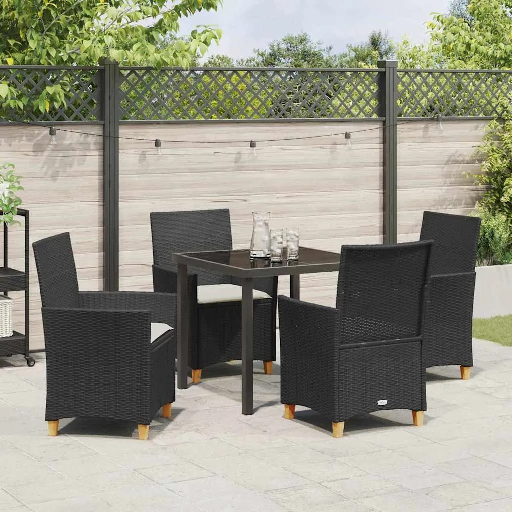 Conjunto de Jantar de Jardim com 5 Peças e Almofadas, Preto, em Rattan