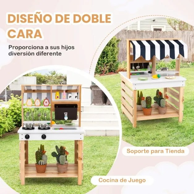 Cozinha para brincar de madeira 2 em 1 58 x 56 x 87 cm com tampa, pia removível, caixa de água e torneira, 6 acessórios de cozinha, natural e branco