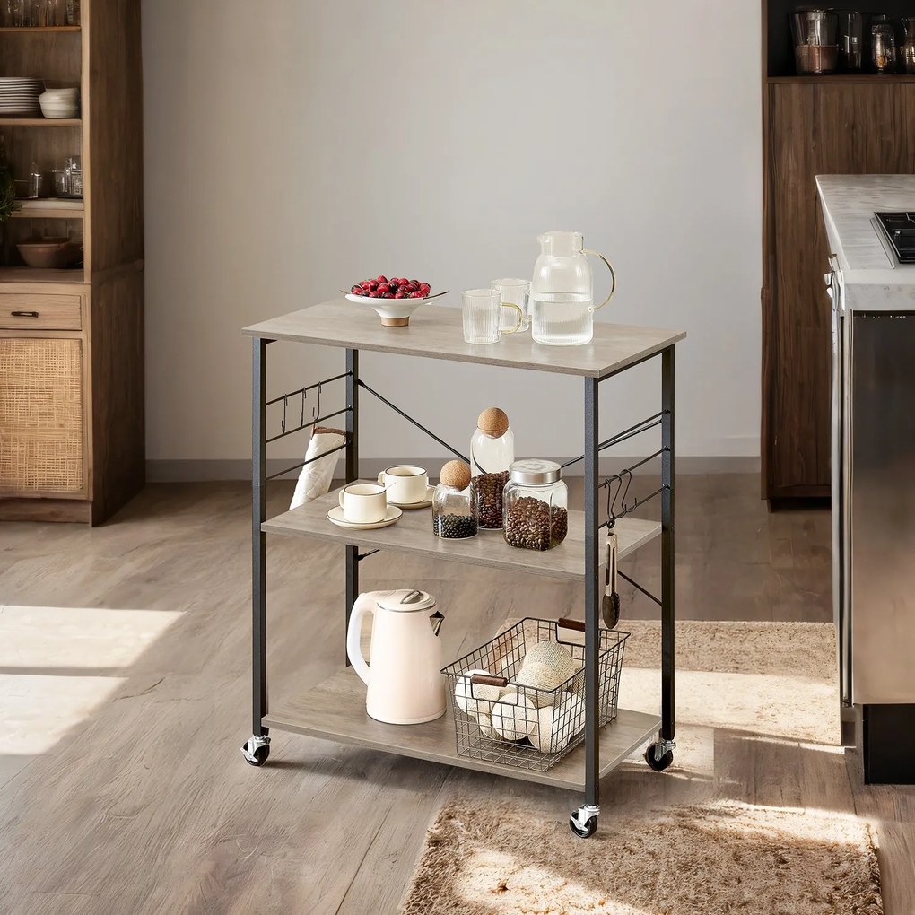 Carrinho de cozinha com 3 prateleiras e rodas 40 x 80 x 89 cm, cinza mesclado com preto