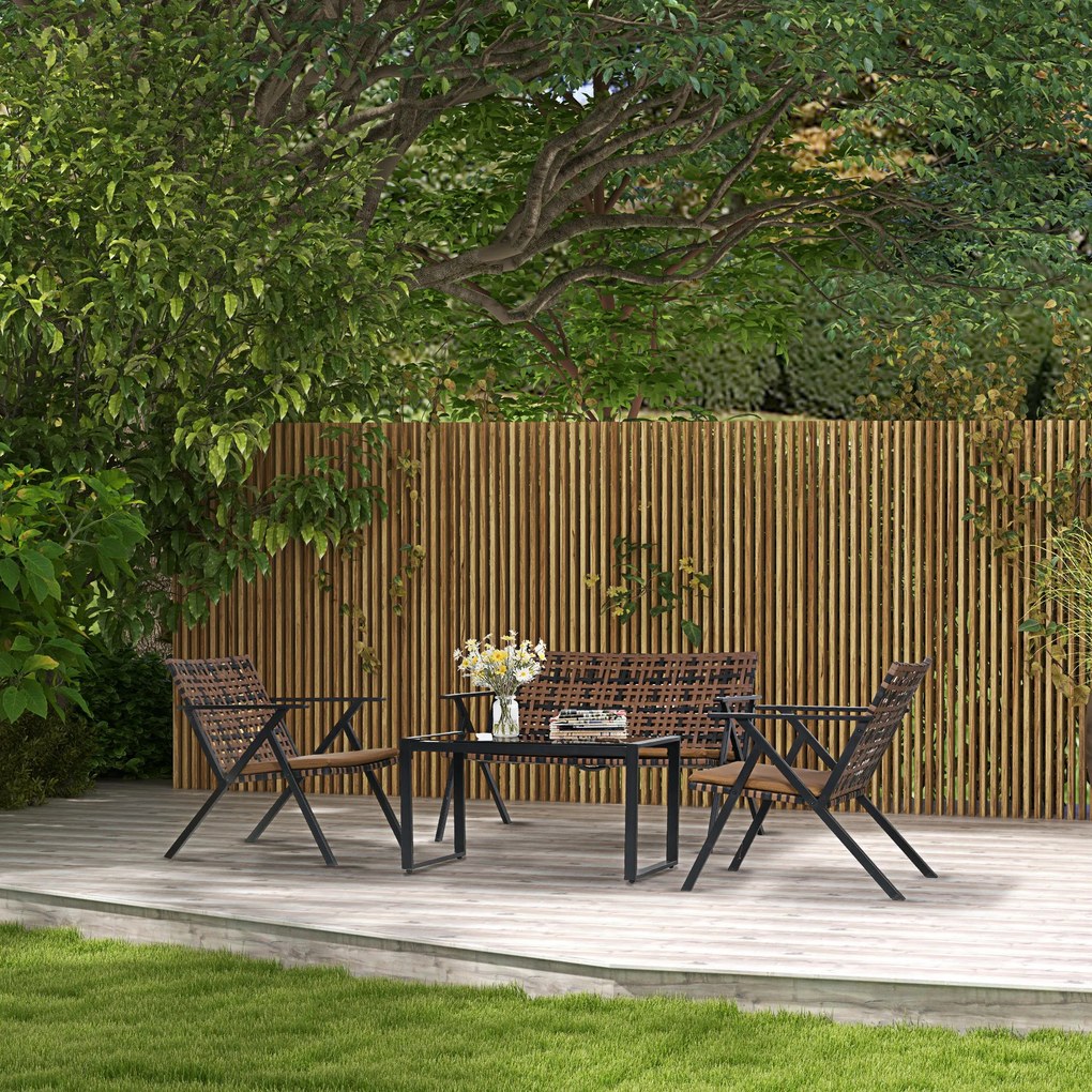 Conjunto de Jardim de 4 Peças em Vime Sintético com 2 Poltronas 1 Sofá de 2 Lugares e 1 Mesa de Vidro Castanho e Preto