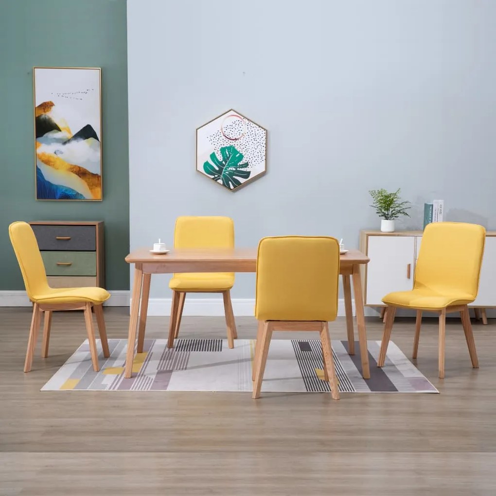 vidaXL Cadeiras de jantar 4 pcs tecido amarelo e carvalho maciço