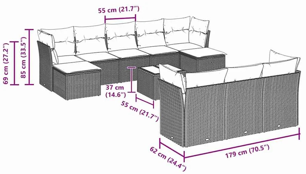 11 pcs conjunto sofás de jardim c/ almofadões vime PE cinzento