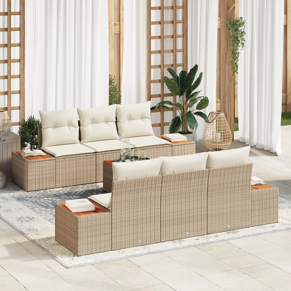 vidaXL Conjunto de Sofá de Jardim de 7 Peças com Almofadas em Bege Rattan Poliéster Acácia