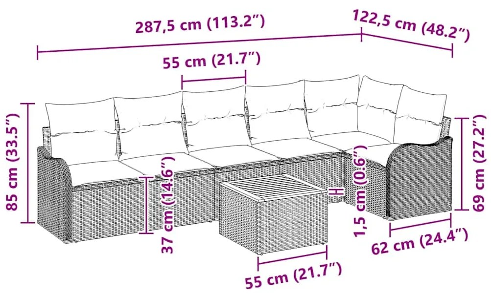 Sofá de Jardim Modular 7 Peças com Almofadas em Rattan Poly Bege e Acá