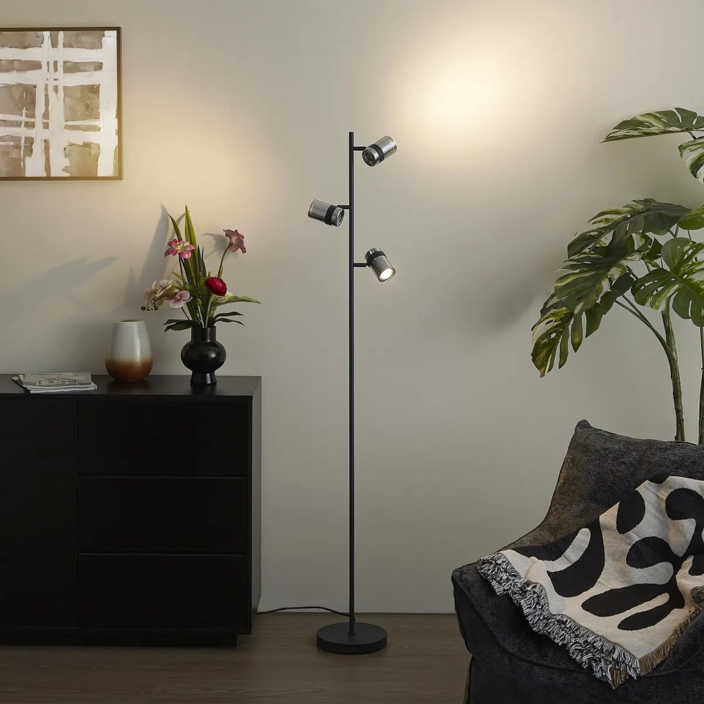 Candeeiro de pé moderno preto com vidro fumado 3 luzes giratório e inclinável - Gianni