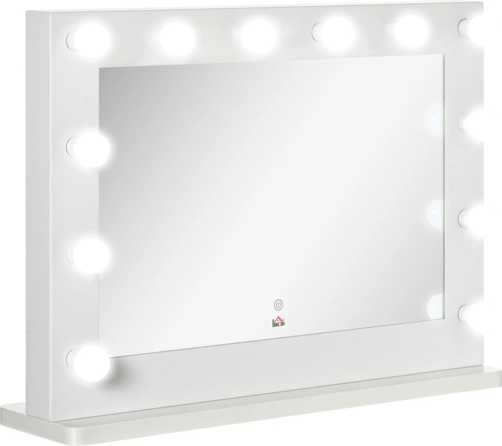 HOMCOM Espelho maquilhagem Hollywood luminoso 12 LED tátil - luminosidade regulável, função memória - metal MDF branco vidro | Aosom Portugal