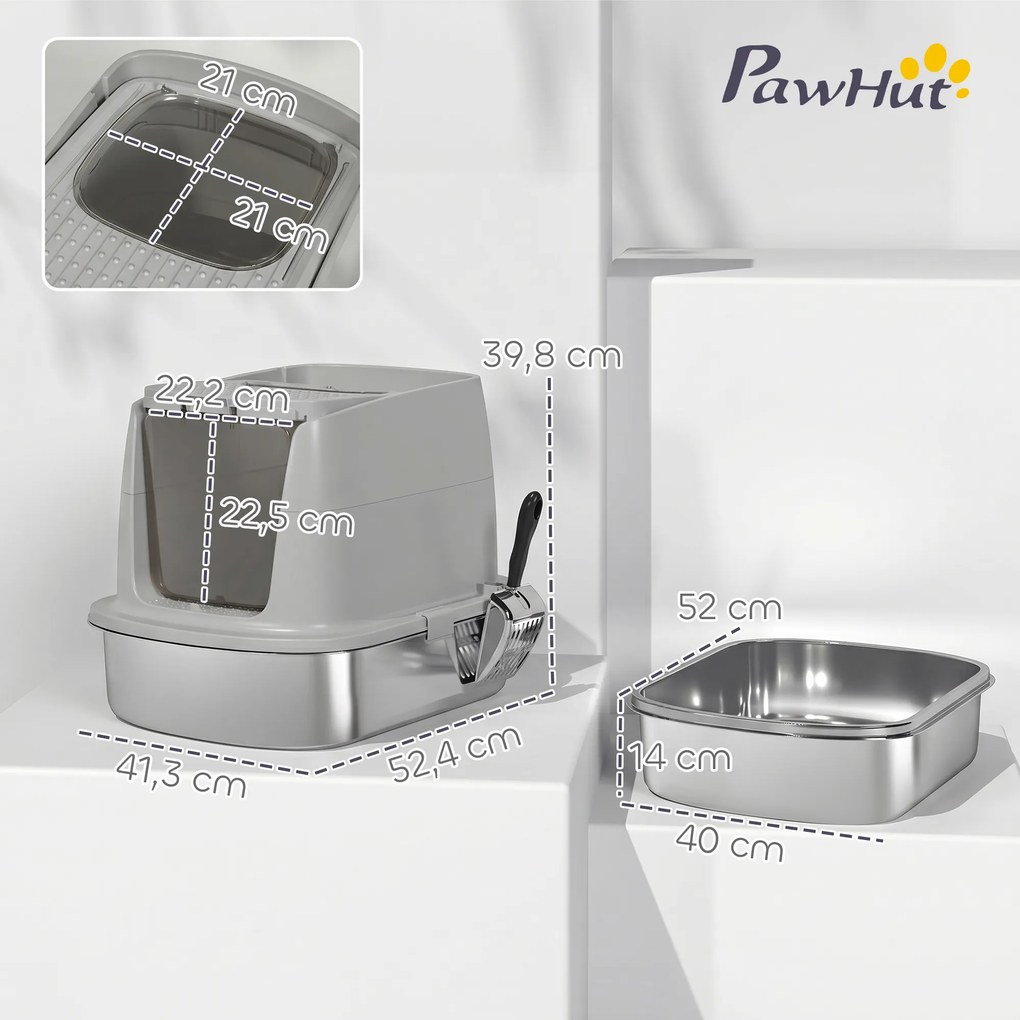 Caixa de Areia para Gatos em Aço Inoxidável L com Tampa Removível e Pá Inox, Cinzento Claro