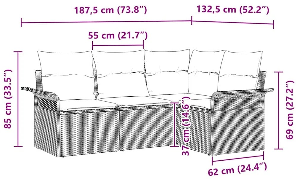 Conjunto de Sofá de Jardim 4 Peças com Almofadas Cinza Claro em Rattan