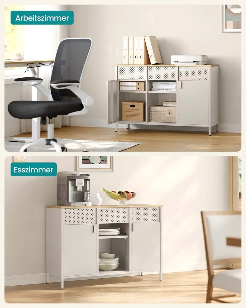 Armário metálico para cozinha, sala, escritório 40 x 110 x 76 cm com prateleiras ajustáveis e fecho magnético bege areia - tom de carvalho natural