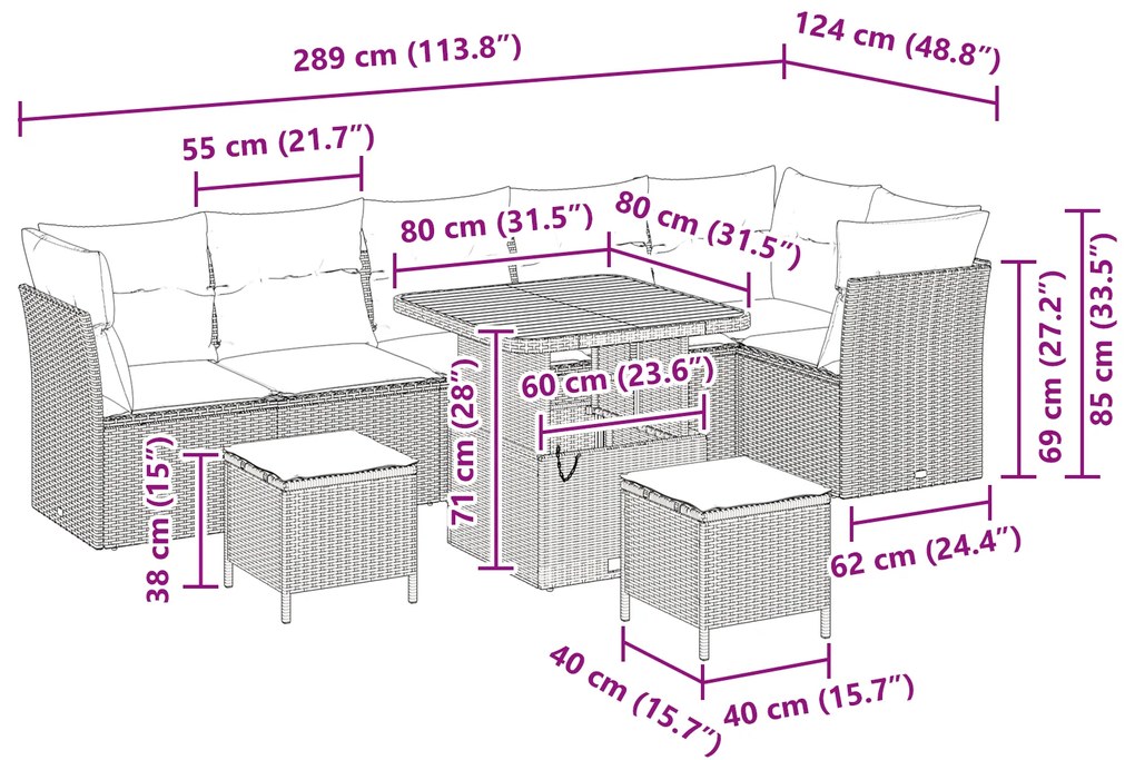 Conjunto de Sofá de Jardim de 9 Peças com Almofadas Bege Rattan Políme