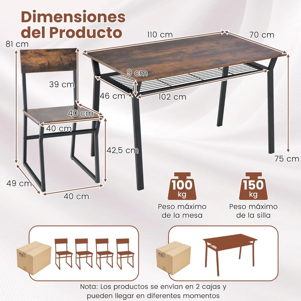 Conjunto de móveis de cozinha de 5 peças com mesa de jantar retangular industrial 4 cadeiras Estante para arrumação e estrutura metálica Castanho rúst