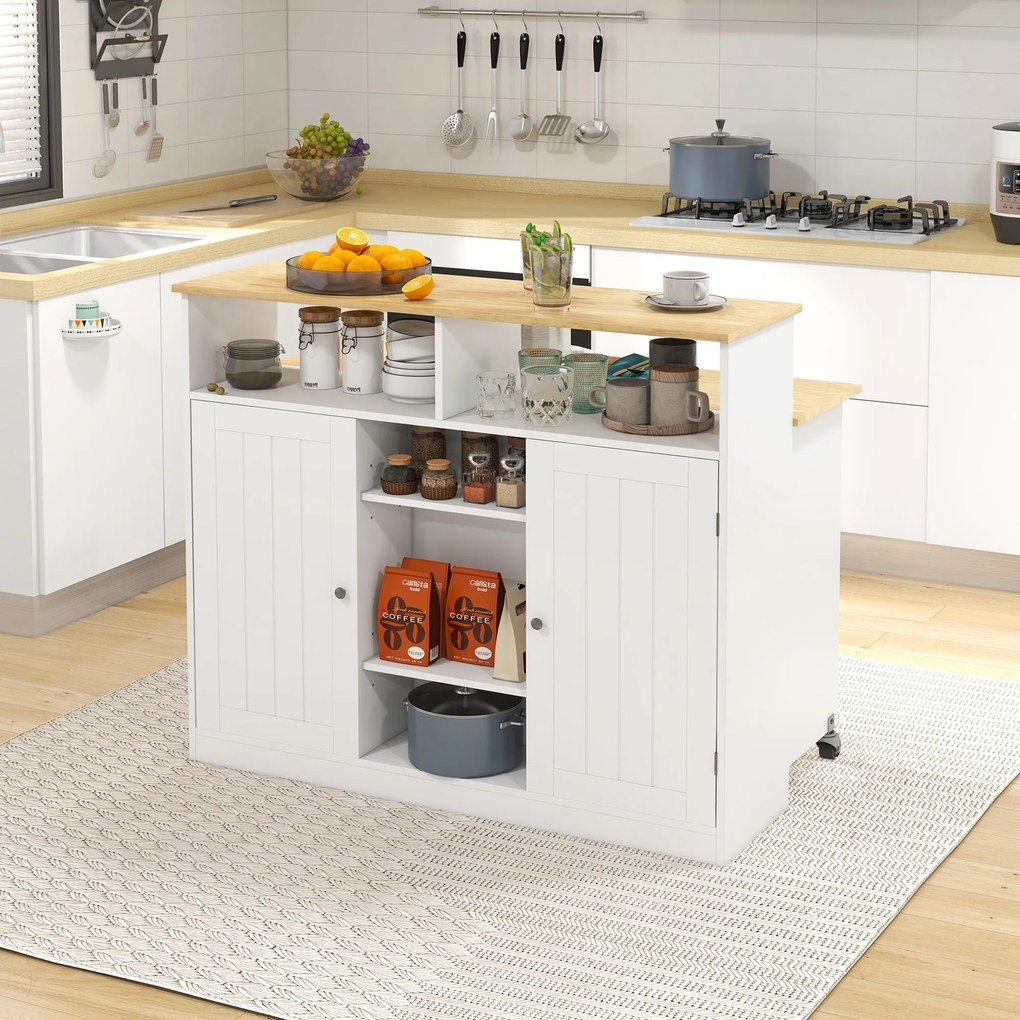 HOMCOM Ilha de Cozinha com Rodas Carrinho de Cozinha com Bancada de Madeira de Borracha Dobrável 2 Portas e Prateleiras Abertas 110x66x97 cm Branco e Madeira