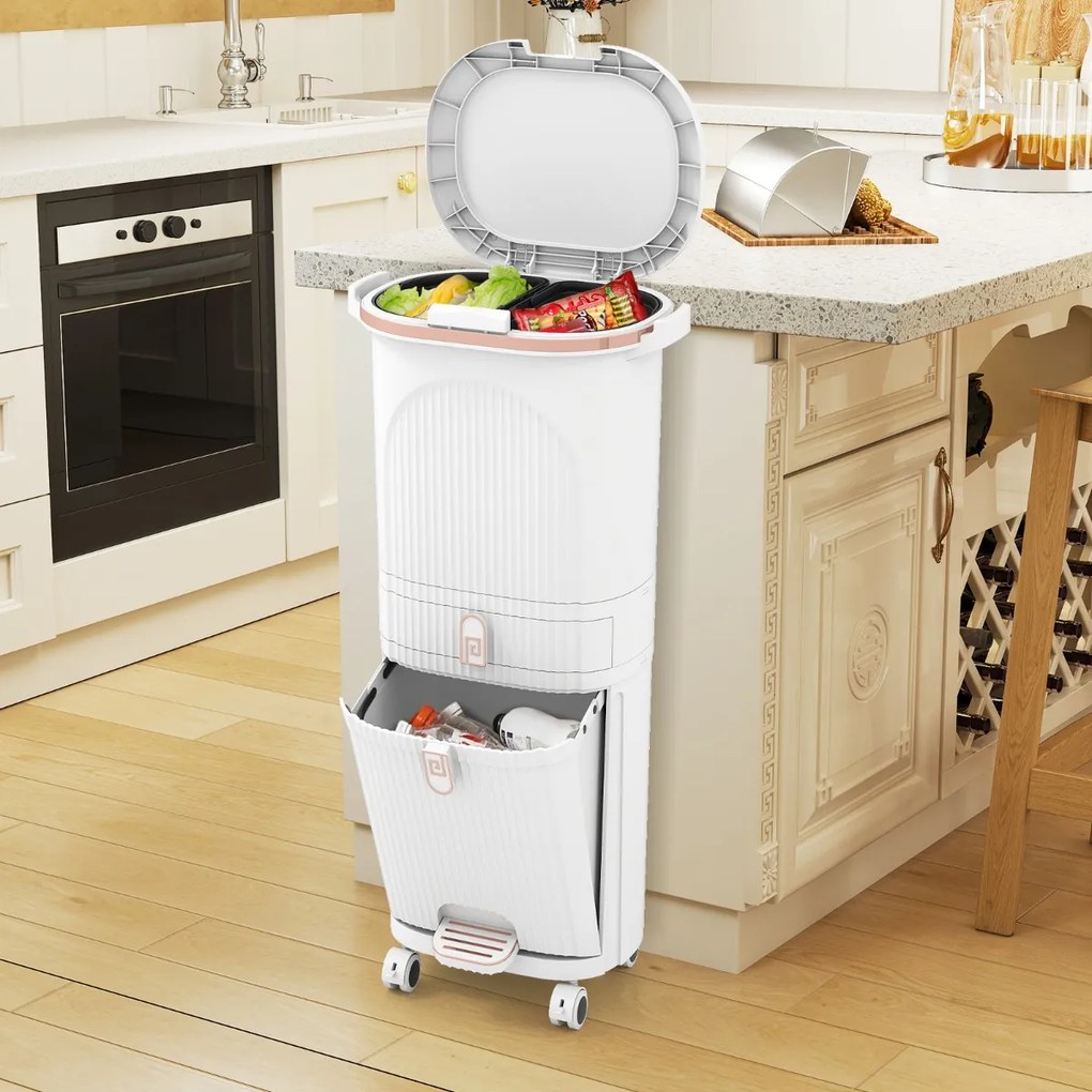 Caixote do lixo 43 x 29 x 82,5 cm para cozinha 42 L com gaveta e 2 cubos removíveis com Pedal e Rodas Branco