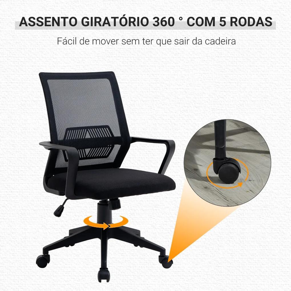 Cadeira de escritório ergonômica giratória ajustável em altura com apoio de braços e apoio lombar Tecido respirável 61x58.5x89-99 cm Preto