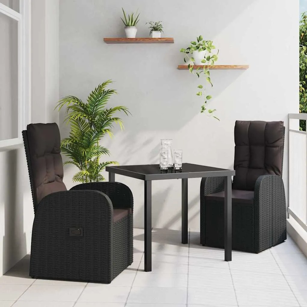 vidaXL Cadeiras de Jardim Reclínaveis 3 pcs Preto 80 x 80 x 73 cm