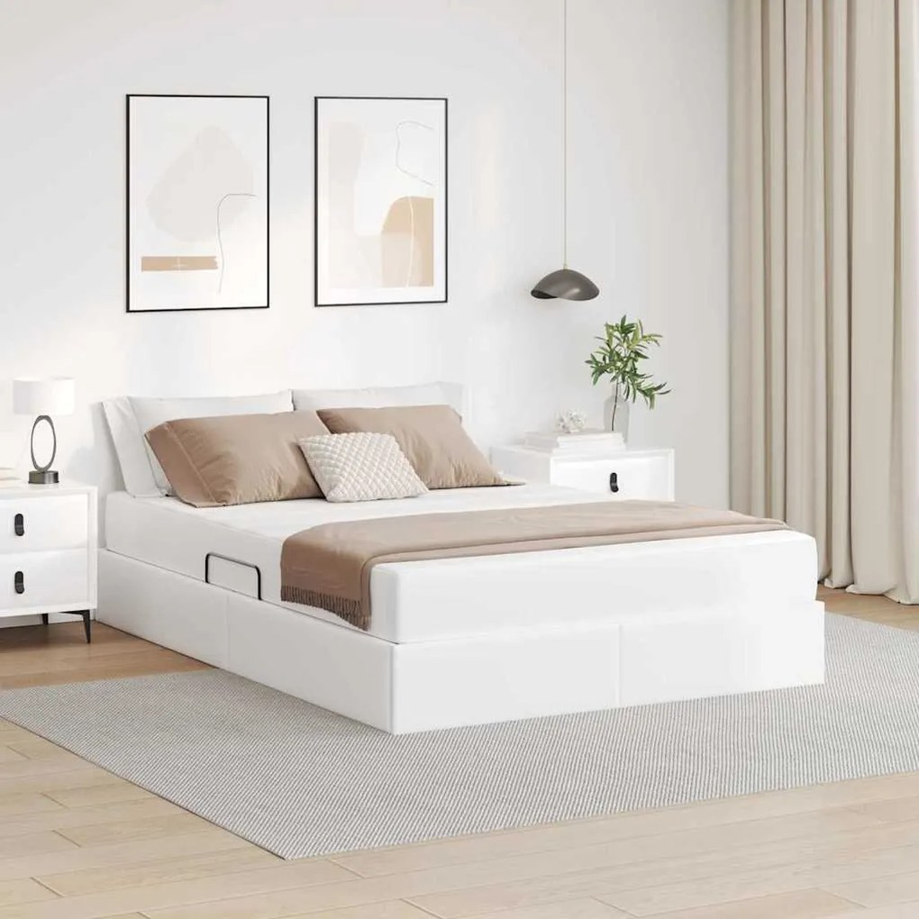 vidaXL Cama com arrumação e colchão com colchão 2 pcs Branco Couro