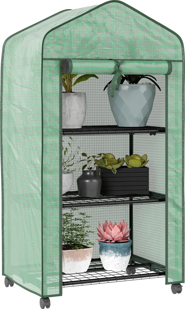 Mini estufa de jardim com 3 prateleiras 69 C x 49 L x 130 A cm, lona de PE de alta densidade, porta enrolável, 4 rodas Verde