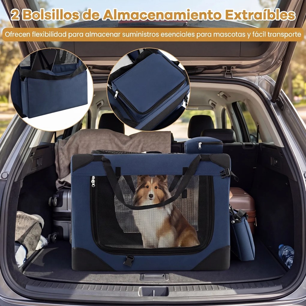 Transportadora dobrável tamanho M 72 x 52,5 x 52,5 cm para animais de estimação, com janelas de rede, 3 portas, cama felpuda e bolsos removíveis, para