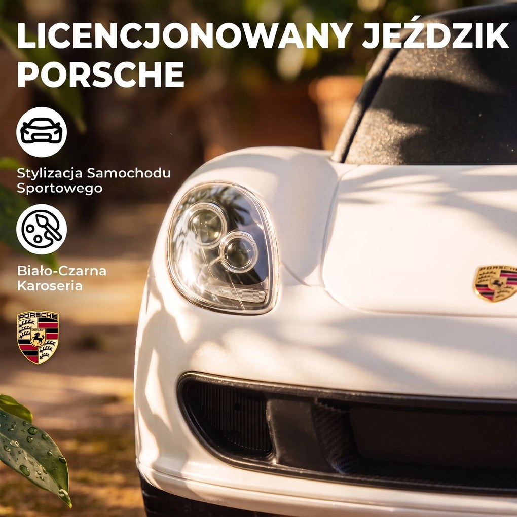 Carro sem Pedais para Crianças 18-36 Meses com Licença Porsche, 2 Faróis, Buzina e Som de Arranque, 63x28,5x38 cm, Branco