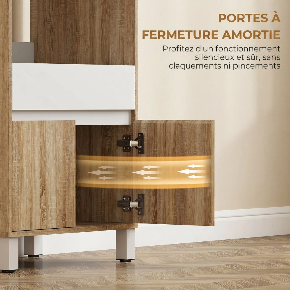 Móvel para micro-ondas 60 (L) x 40 (P) x 131 (A) cm, aparador de cozinha com gaveta, 2 portas com fecho suave, bancada e prateleiras abertas, cor carv