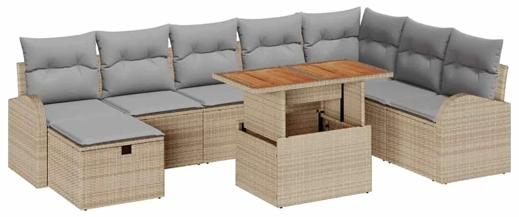Conjunto de Sofá de Jardim com 9 Peças e Almofadas Bege em Rattan Sint