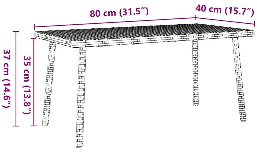 Mesa de centro de jardim retangular 80x40x37cm vime PE castanho