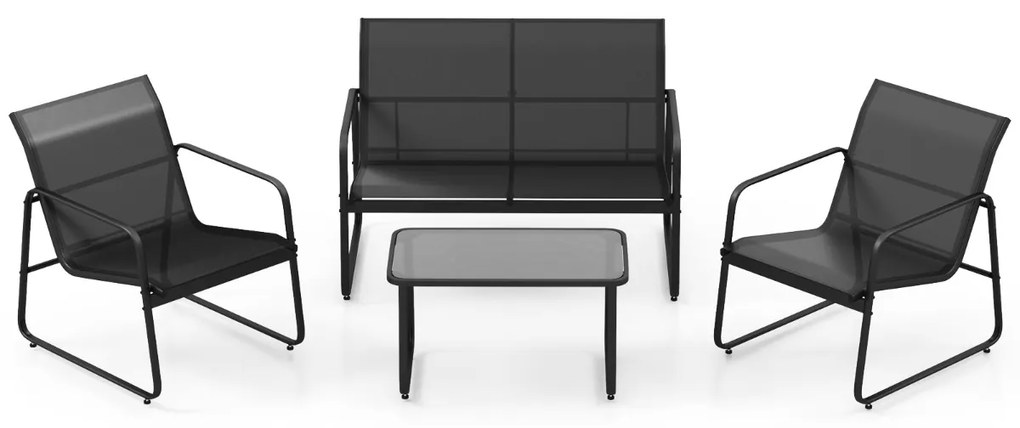 Conjunto Jardim de 4 peças com mesa de centro em vidro temperado Tecido respirável Estrutura em metal inoxidável Preto