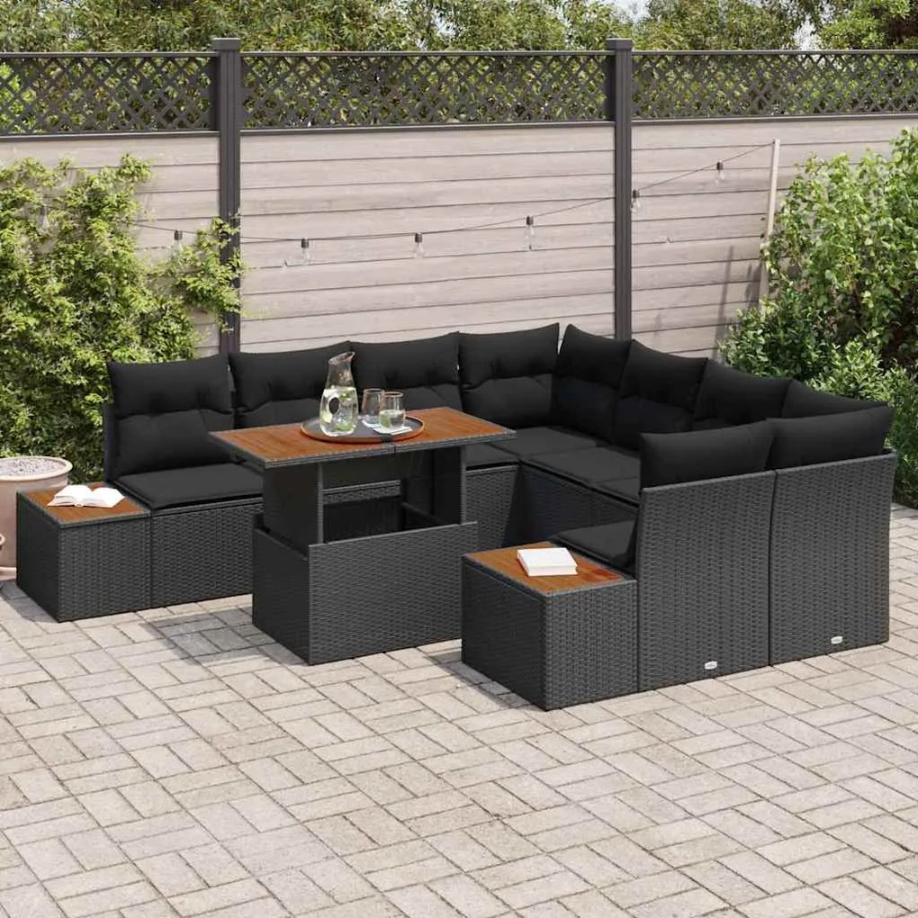 Conjunto de Sofá de Jardim de 9 Peças com Almofadas Pretas de Rattan e