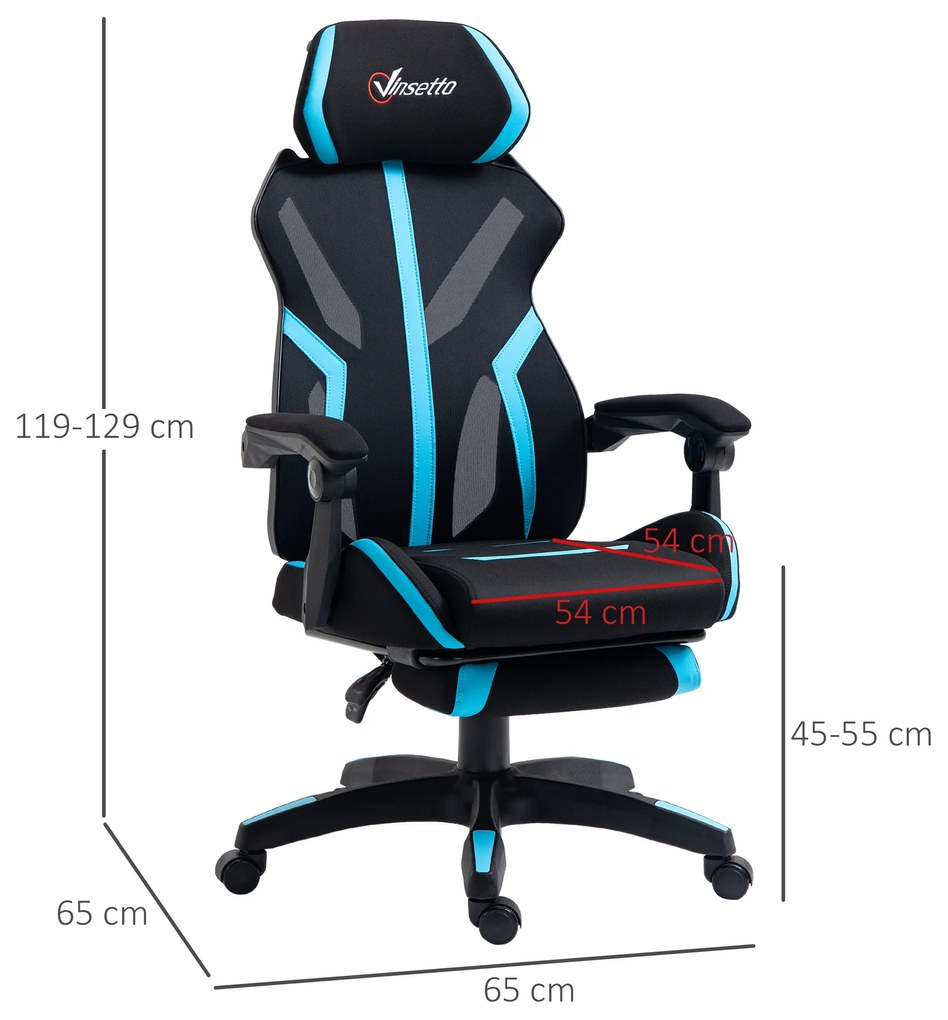 Cadeira de Gaming com Apoio para os Pés Retrátil Cadeira de Escritório Reclinável com Apoio para a Cabeça e Altura Ajustável 65x65x119-129cm Preto e A