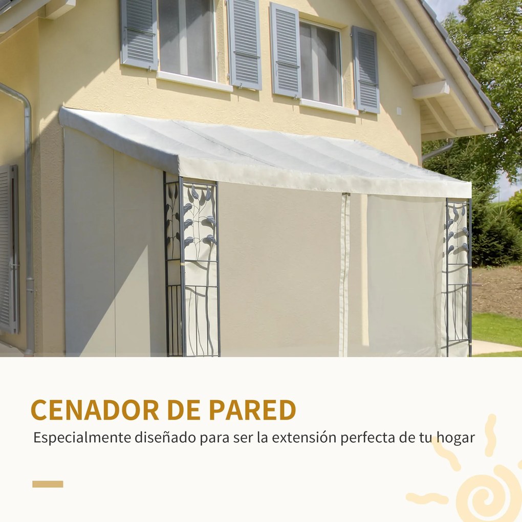 Outsunny Gazebo 4x3m montado na parede com cortinas laterais Malha com