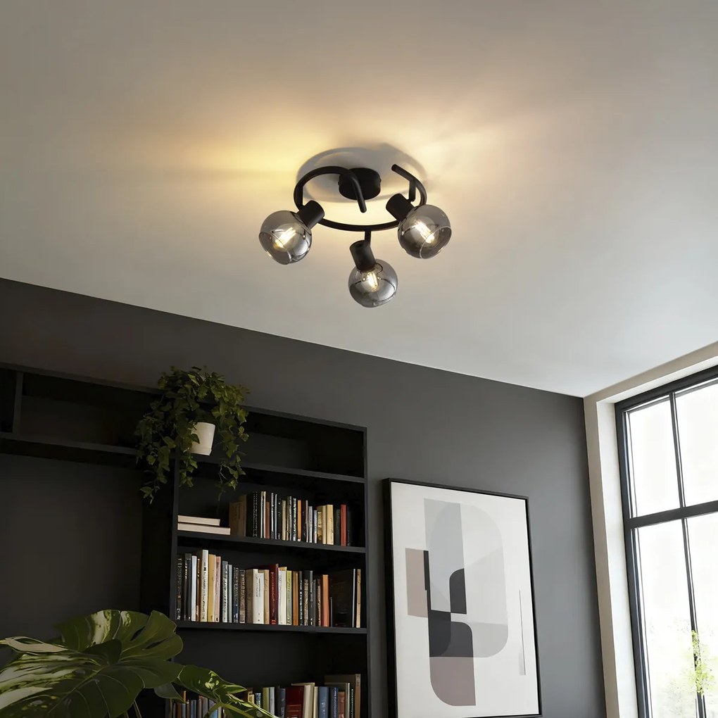 Candeeiro de teto Art Deco preto com vidro fumê 3 luzes redondo - Vidro