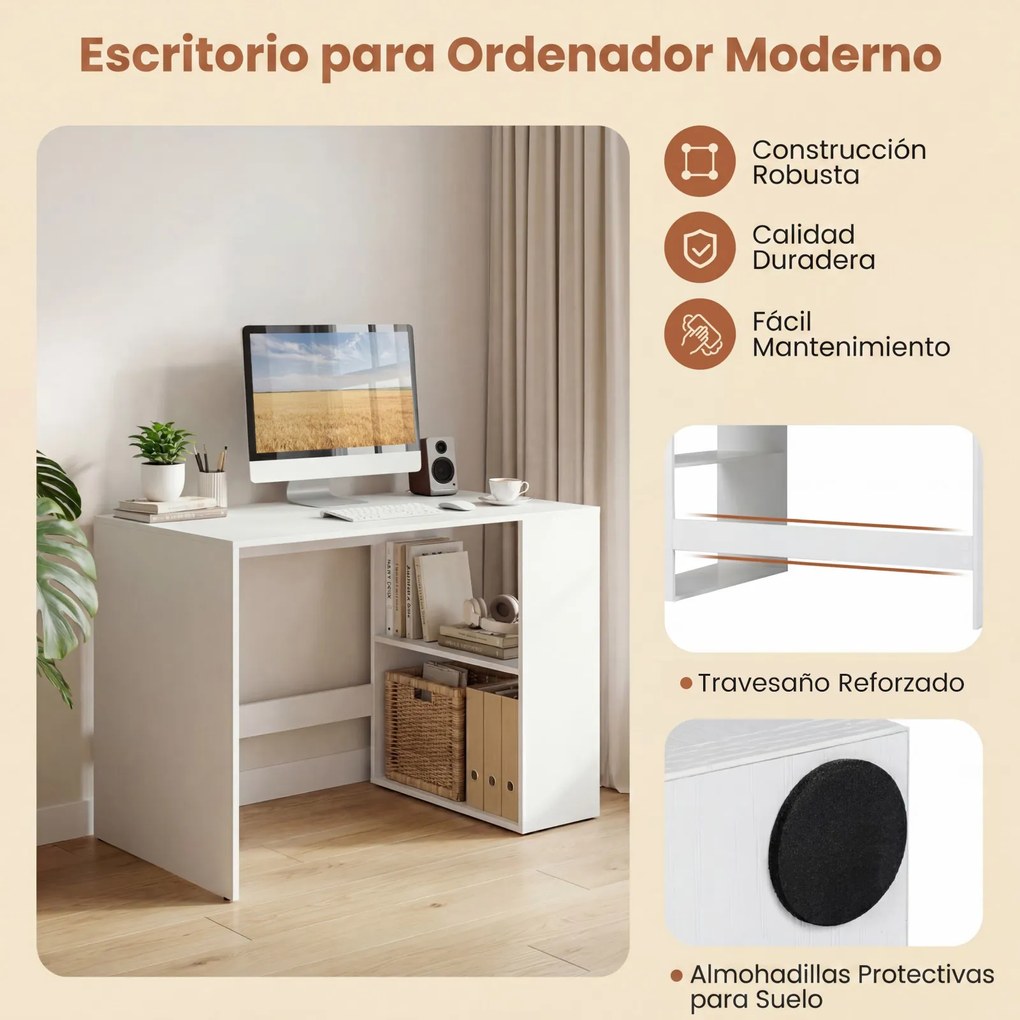 Mesa de Escritório, 112 x 60 cm, 2 Prateleiras Abertas, Branco