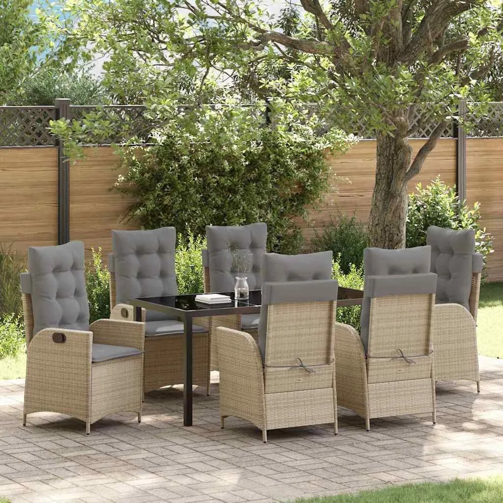vidaXL Conjunto de Jantar de Jardim com 7 Peças e Almofadas Bege em Rattan Sintético