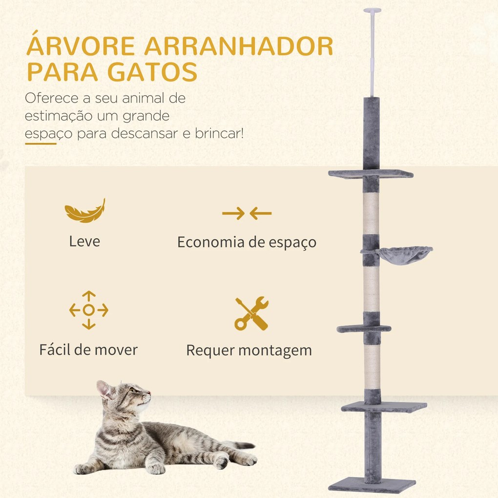 Árvore Arranhadora para Gatos Arranhador para Fixar ao Teto Altura Ajustável com Plataformas Poste de Sisal 40x34x230-260cm Cinza