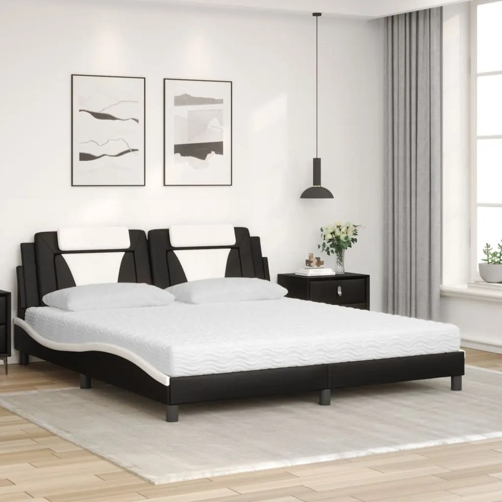 Cama com colchão 180x200 cm couro artificial preto e branco