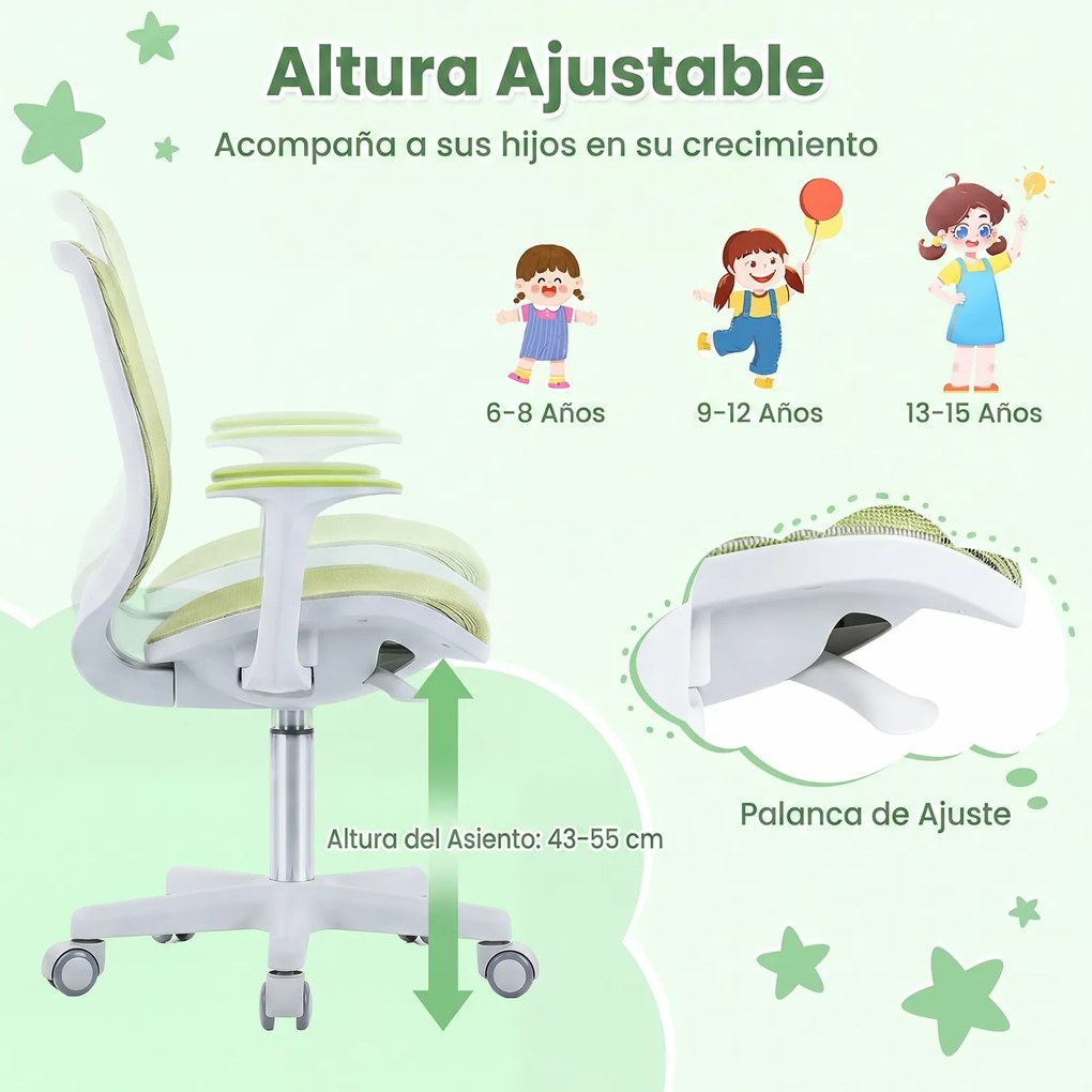 Cadeira de Escritório Infantil, 57 x 57 x 80-92 cm, (SECRETARIA NÃO INCLUIDA) Altura Ajustável, Verde