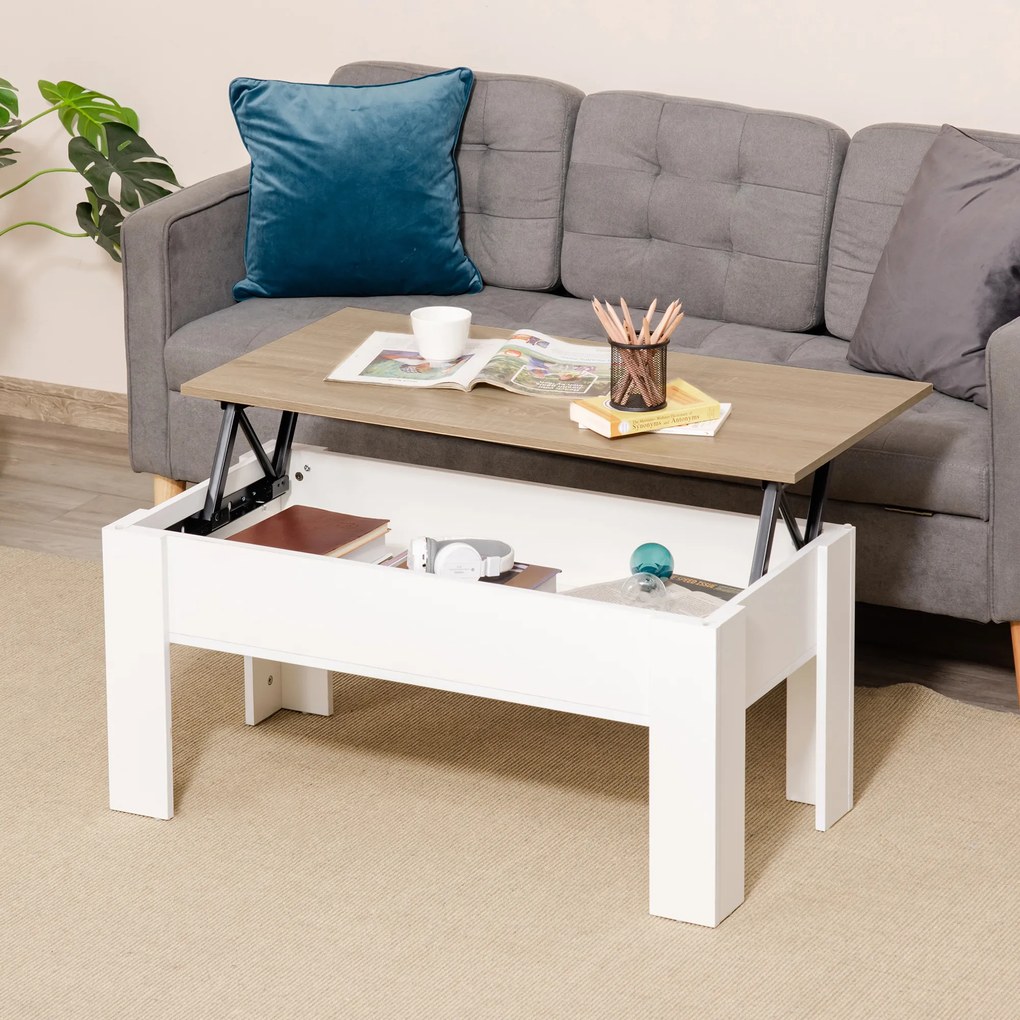 Mesa de Centro com Bancada Elevatória Compartimento Aberto e Oculto 100x50x45-58,5 cm Branco e Madeira