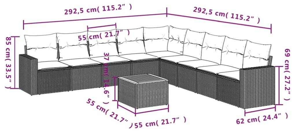 10 pcs conjunto sofás de jardim c/ almofadões vime PE preto