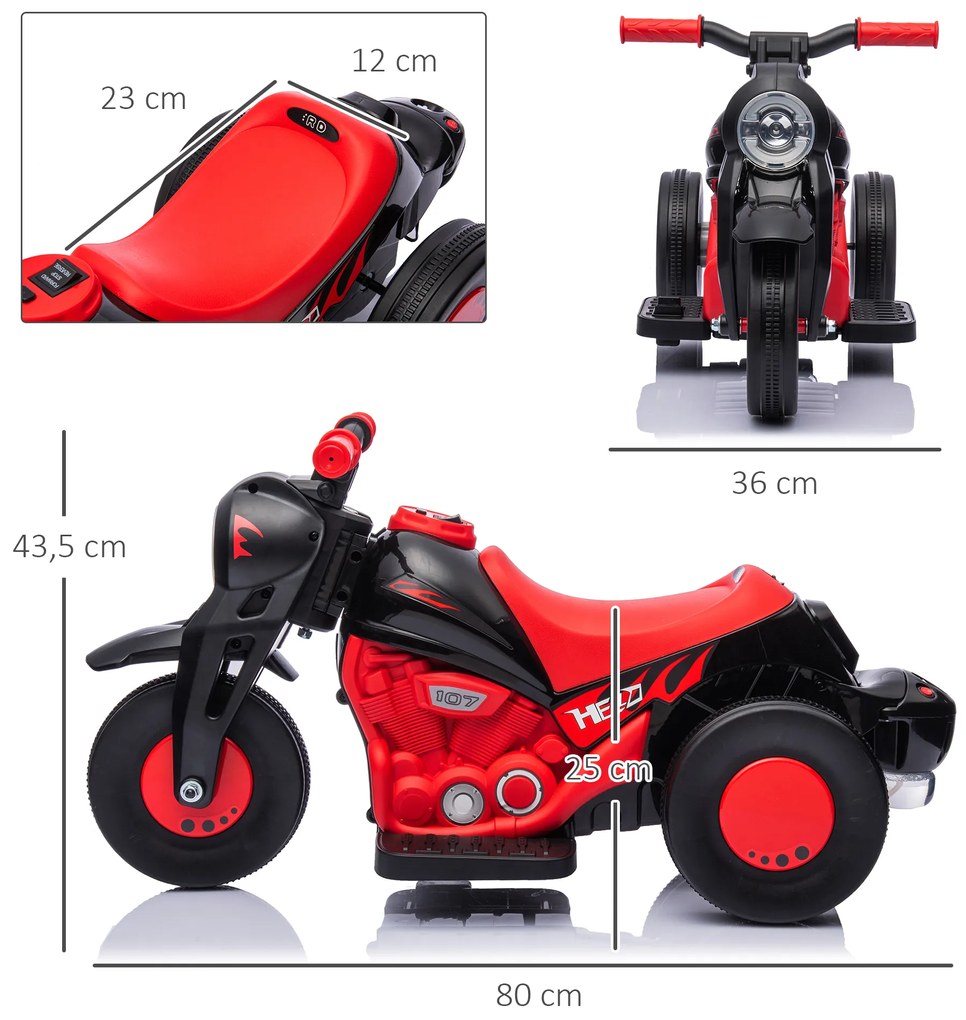 Mota Elétrica para Crianças Mota a Bateria 6V com Função de Bolhas Farol Música Motocicleta para Crianças com Velocidade 3km/h Carga 30 kg Vermelho