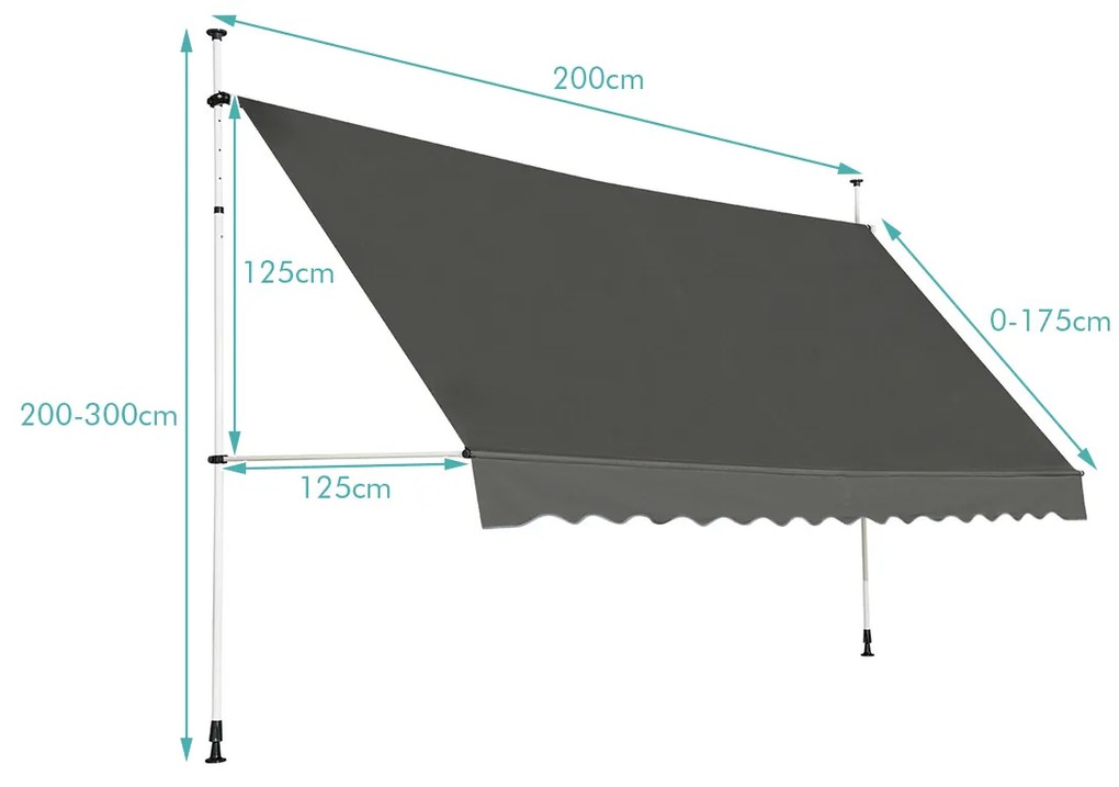 Toldo para terraço exterior 350 x 125 cm ajustável em altura 2-3 m com manivela manual e toldo manual resistente às intempéries para jardim e varanda
