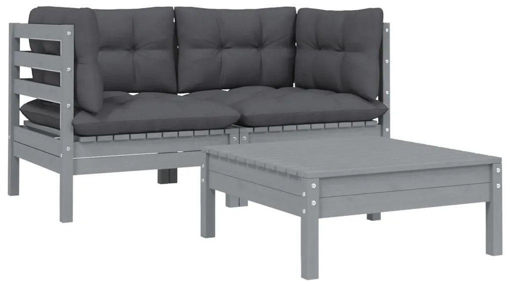 3 pcs conj. lounge de jardim c/ almofadões pinho maciço cinza