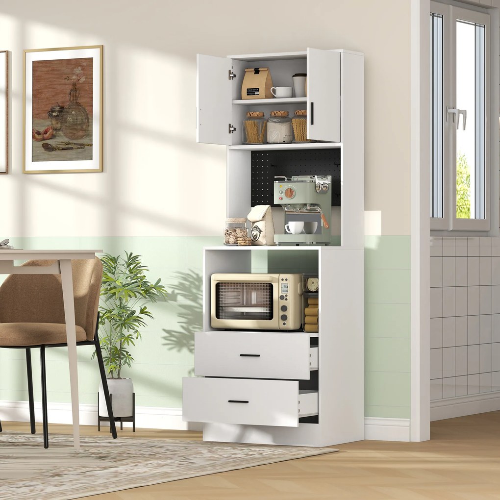 Móvel Auxiliar de Cozinha com Suporte para Micro-ondas 2 Gavetas 2 Portas e Painel Perfurado de Metal Branco