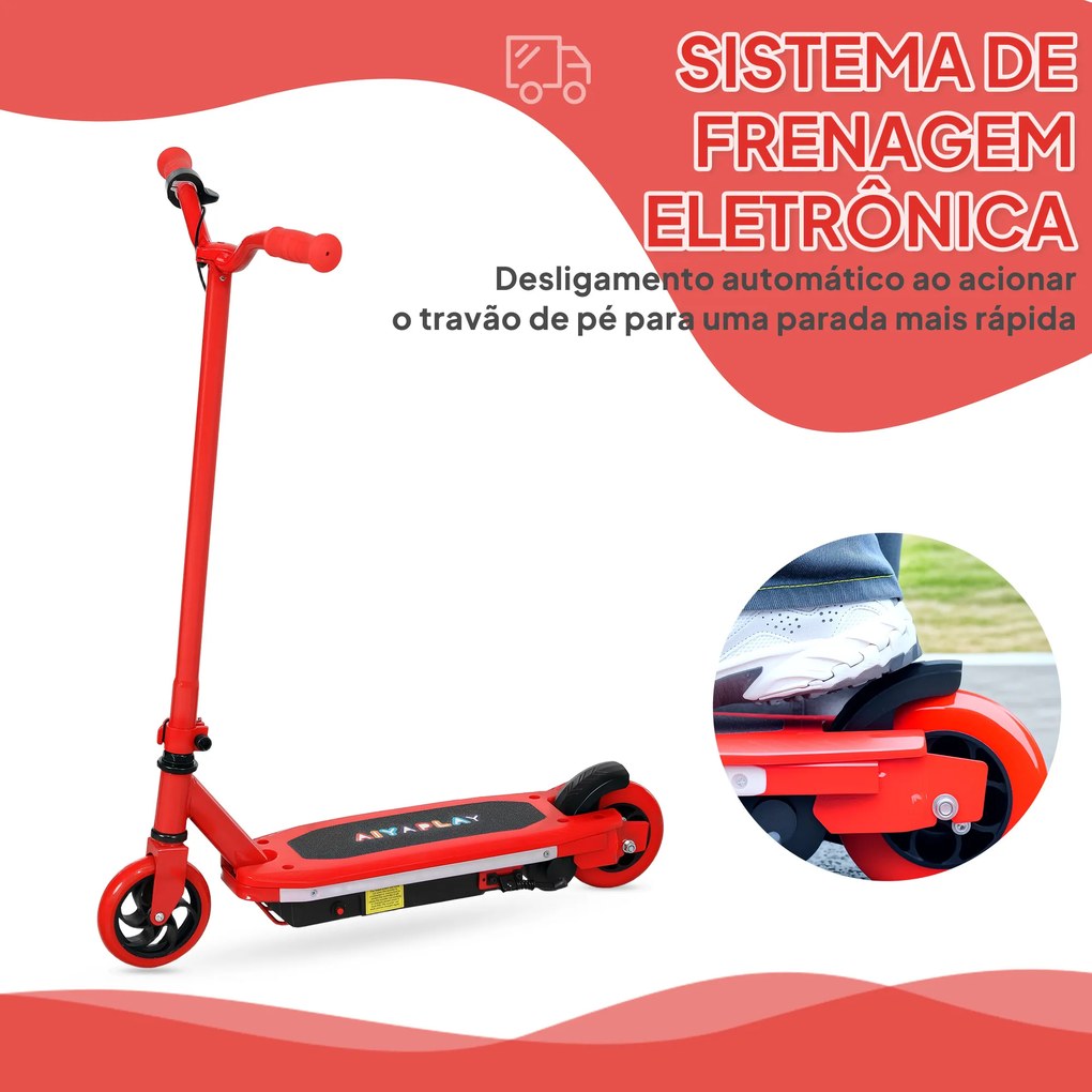 Trotinete Elétrica para Crianças Máx. 10 km/h Motor 80 W Autonomia Máxima 8 km Trotinete com Luzes LED Travão Traseiro 76x46x93 cm Vermelho